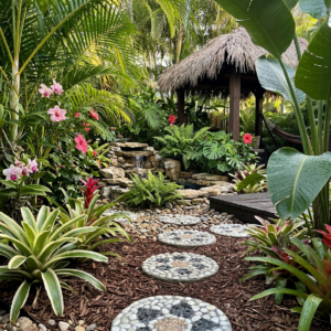 Bali Stepping Stone/Paver - Round Creme  5 Black Petals