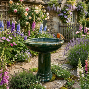 Glazed Ceramic Birdbath - Green