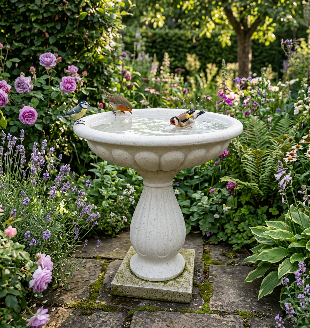 Ornate Terrazzo Birdbath - White
