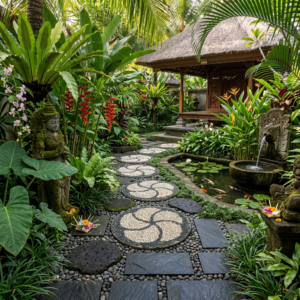 Bali Stepping Stone/Paver - Round Black Creme Petals