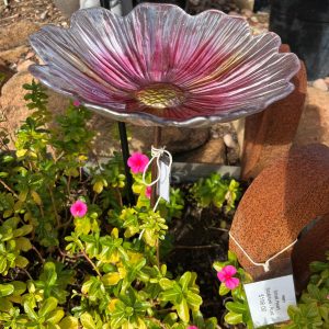 Glass Bird Bath on Stake- Pink Daisy