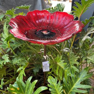 Glass Bird Bath on Stake- Red Poppy