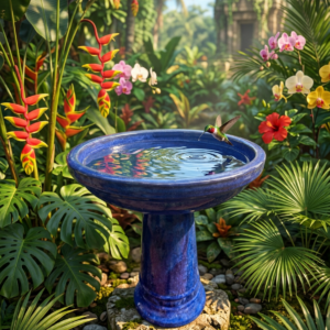 Glazed Ceramic Birdbath - Blue