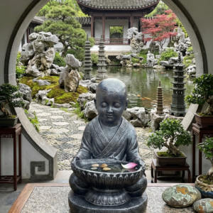 Shaolin Monk Statue Holding Bowl – Black & Silver