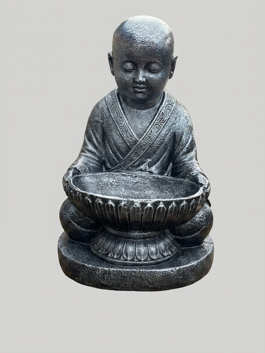 Shaolin Monk Statue Holding Bowl – Black & Silver - Image 2