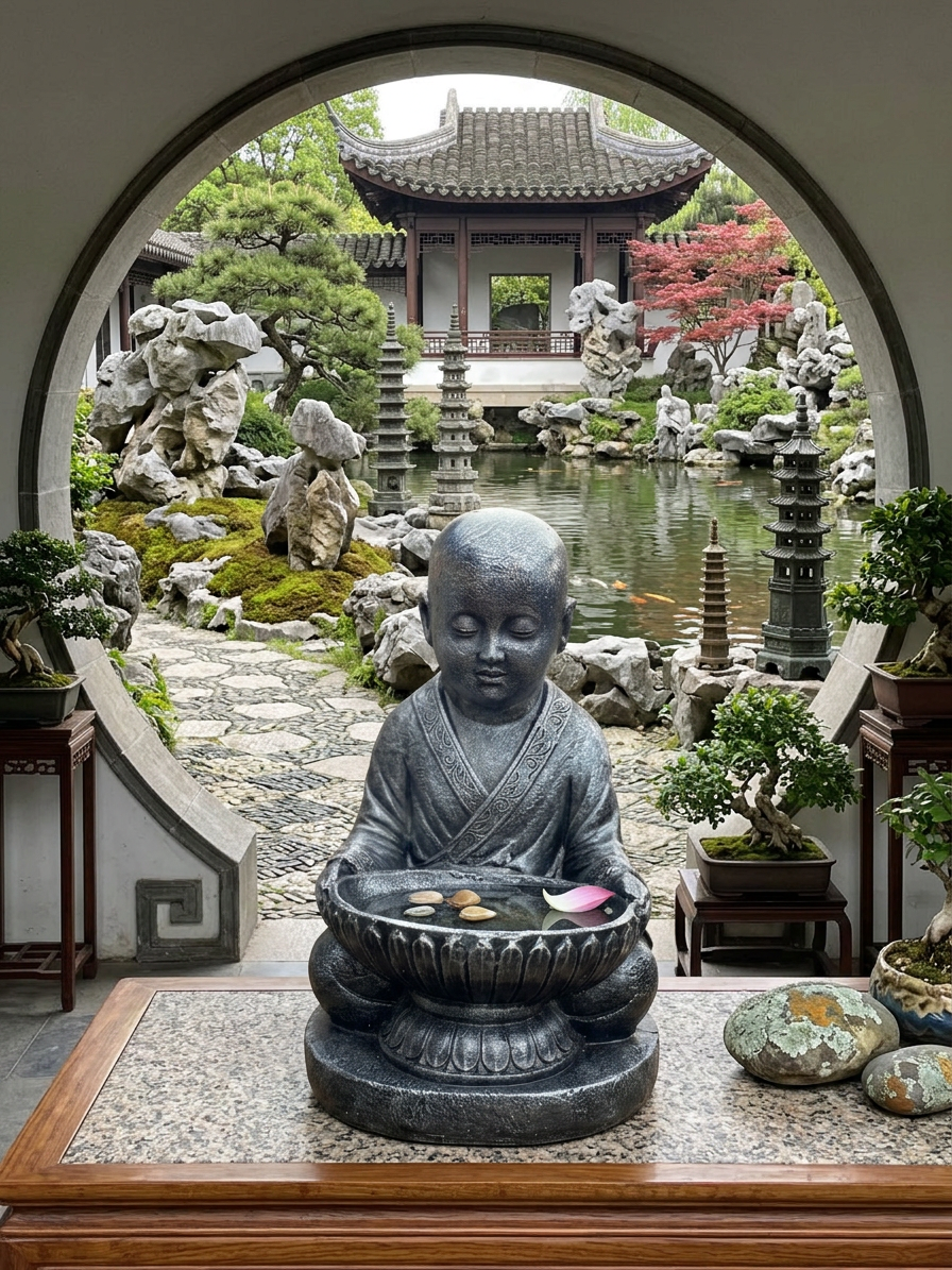 Shaolin Monk Statue Holding Bowl – Black & Silver